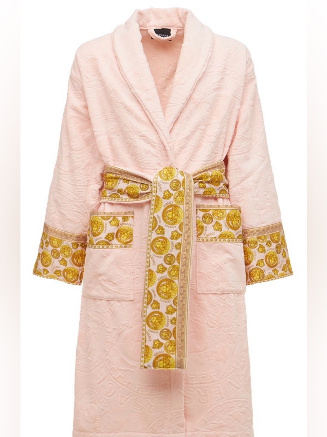 Versace L Light Pink Robe With Gold Medallion Trim And Belt Nwt And Box